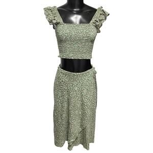 Small Hashtag 2 Piece Outfit Half Wrap Skirt & Smocked Crop Shirt Green